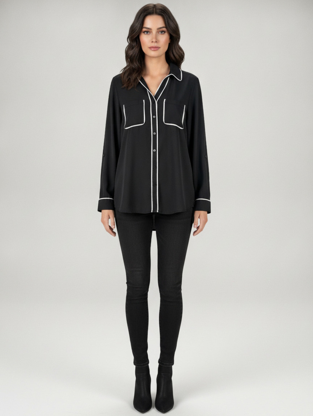 Relativity Blackβ Button-Up Blouse with White Piping Detail, Size M